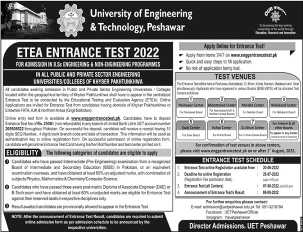 UET Peshawar Entry Test Schedule
