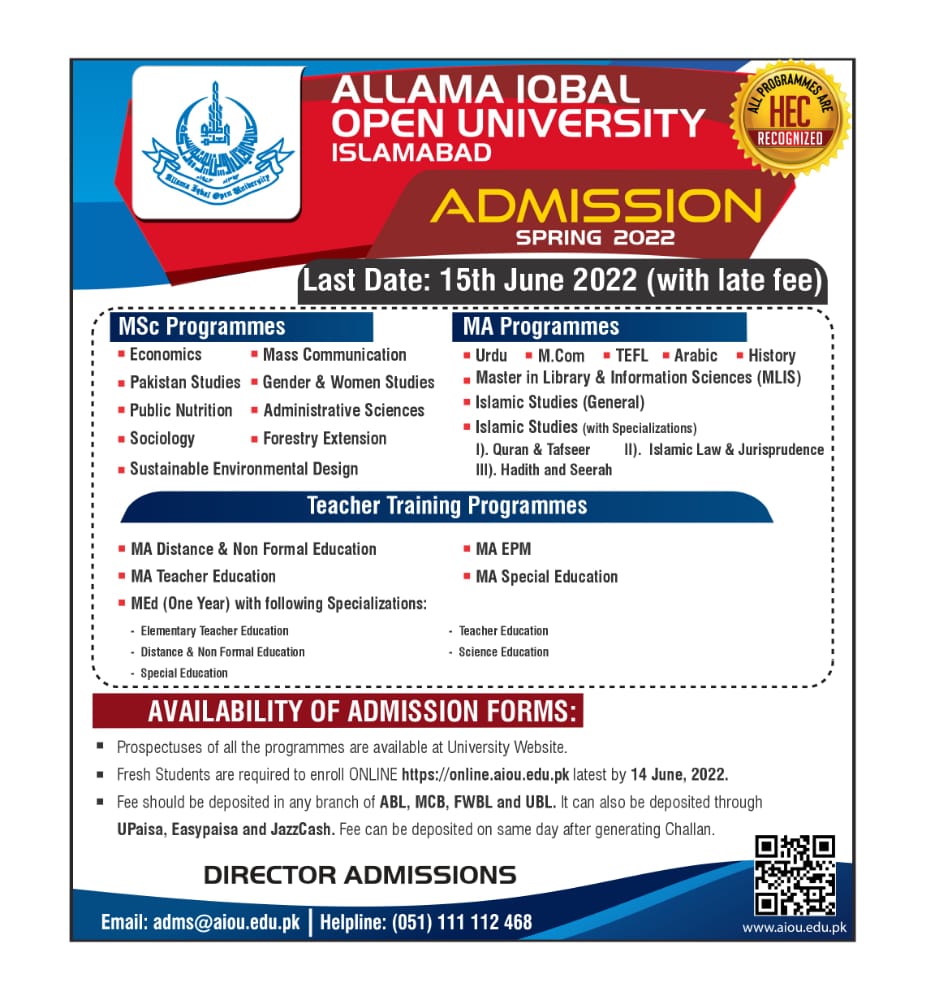 AIOU Admissions MS/MSc/TTP 2023 Spring Apply Online Last Date