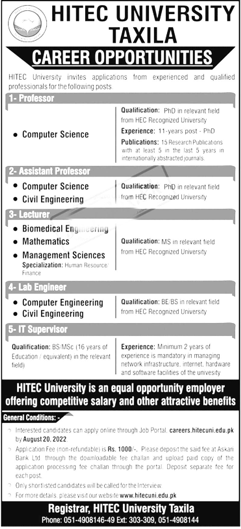 HITEC University Taxila Jobs 2024 Application Form