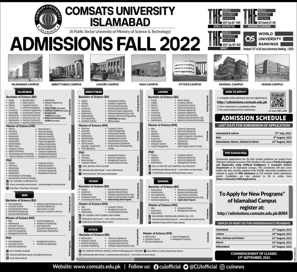 COMSATS University Sahiwal Admissions 2023 BS/MS/PhD Apply Online