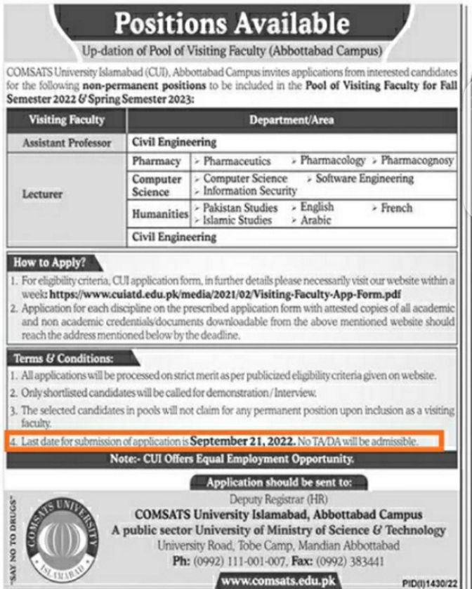 CUI Abbottabad Campus Jobs 2023
