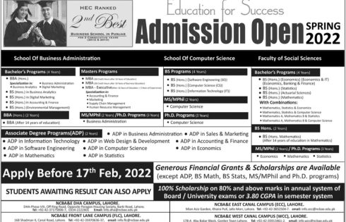 NCBA&E Lahore Admission 2025