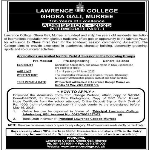 Lawrence College Ghora Gali Admission 2025 Online Registration