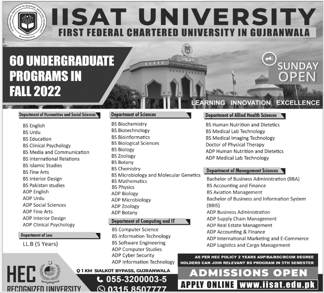 IISAT University Gujranwala Admission 2023 BS & ADP programs