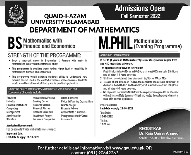 Quaid-i-azam University Admission Mathematics Department Apply Online