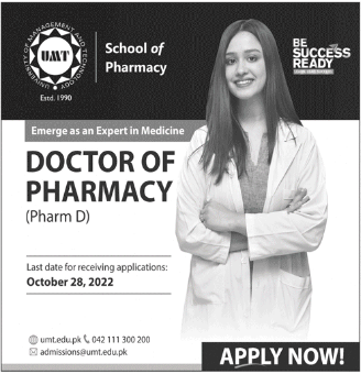 UMT Lahore Pharm-D Admissions 2023 Last Date Apply Fee structure