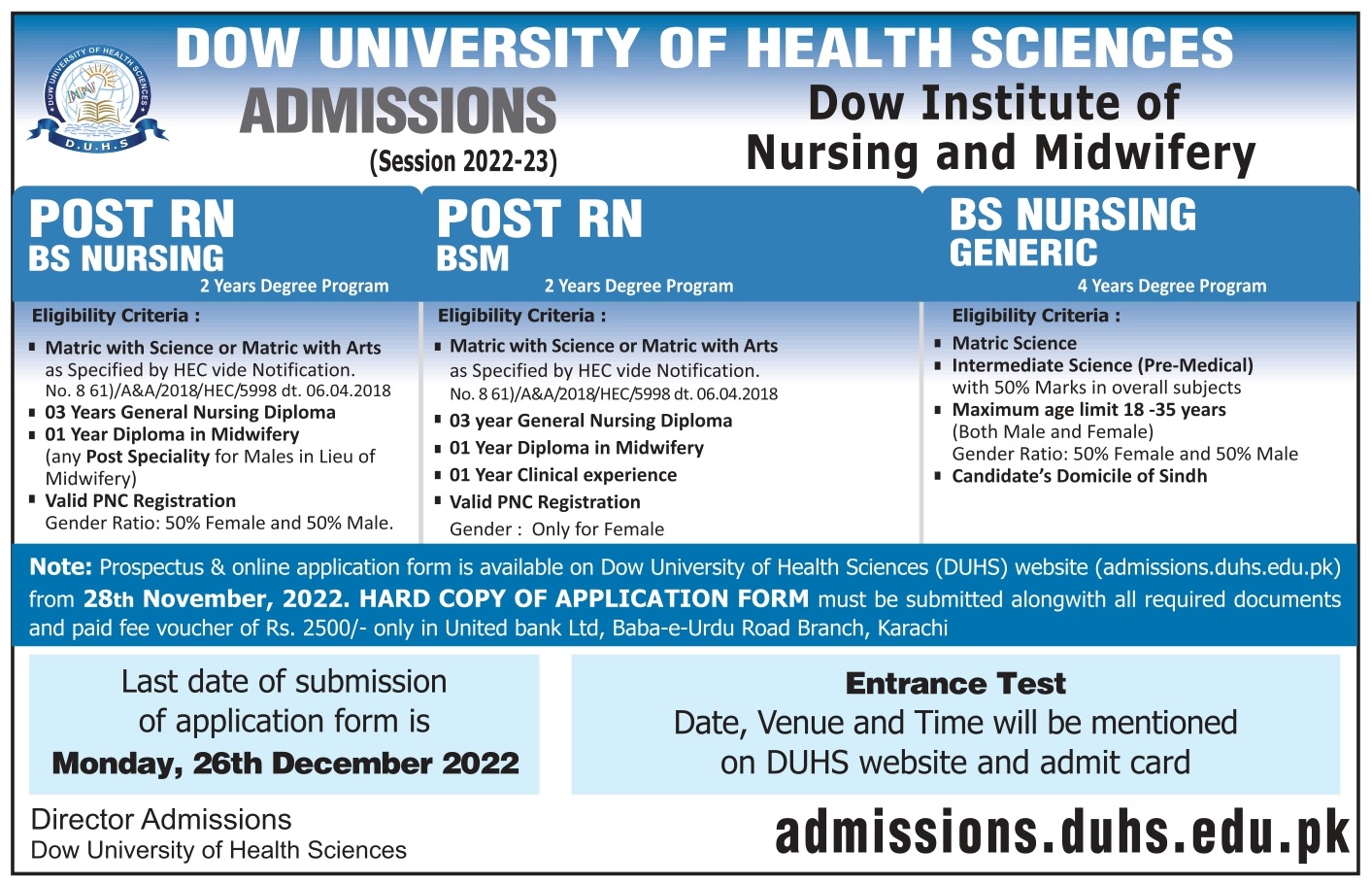 Dow University BS Nursing Admission 2024 Apply Online Last Date