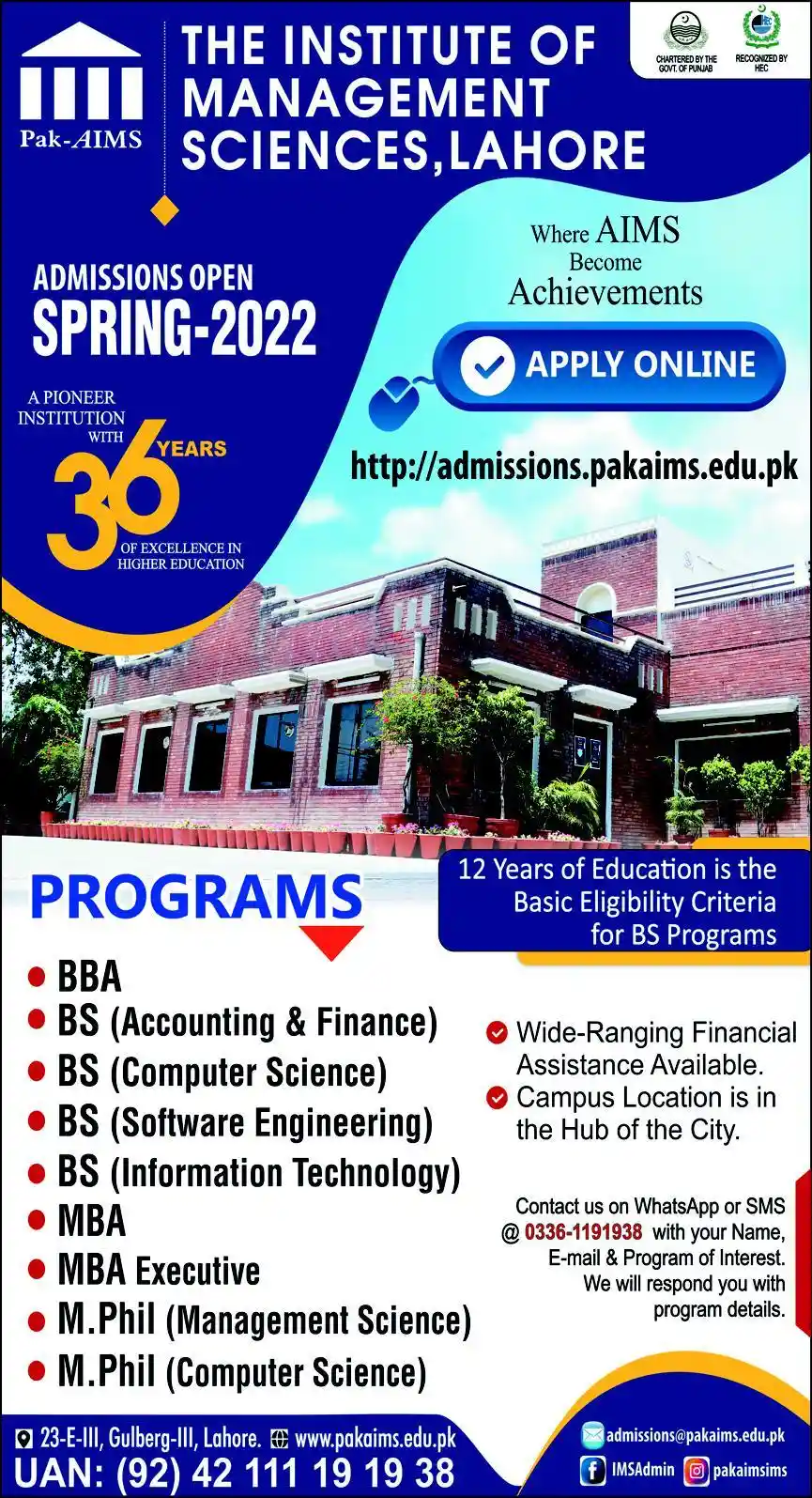 Institute Of Management Sciences PAK AIMS Admission Lahore
