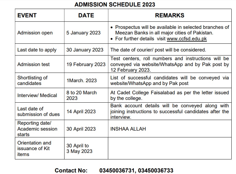 Cadet College Faisalabad Admission 2024